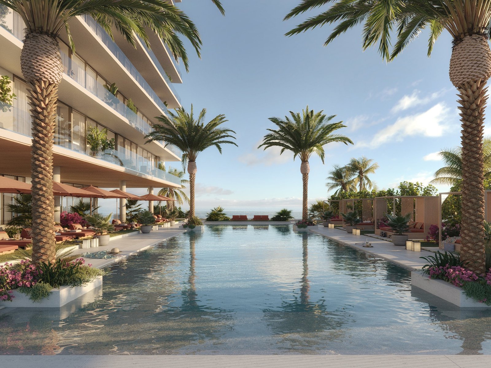 Rosewood Residences, Hillsboro Beach — terraza de la alberca frente al mar con cabañas, render del desarrollador