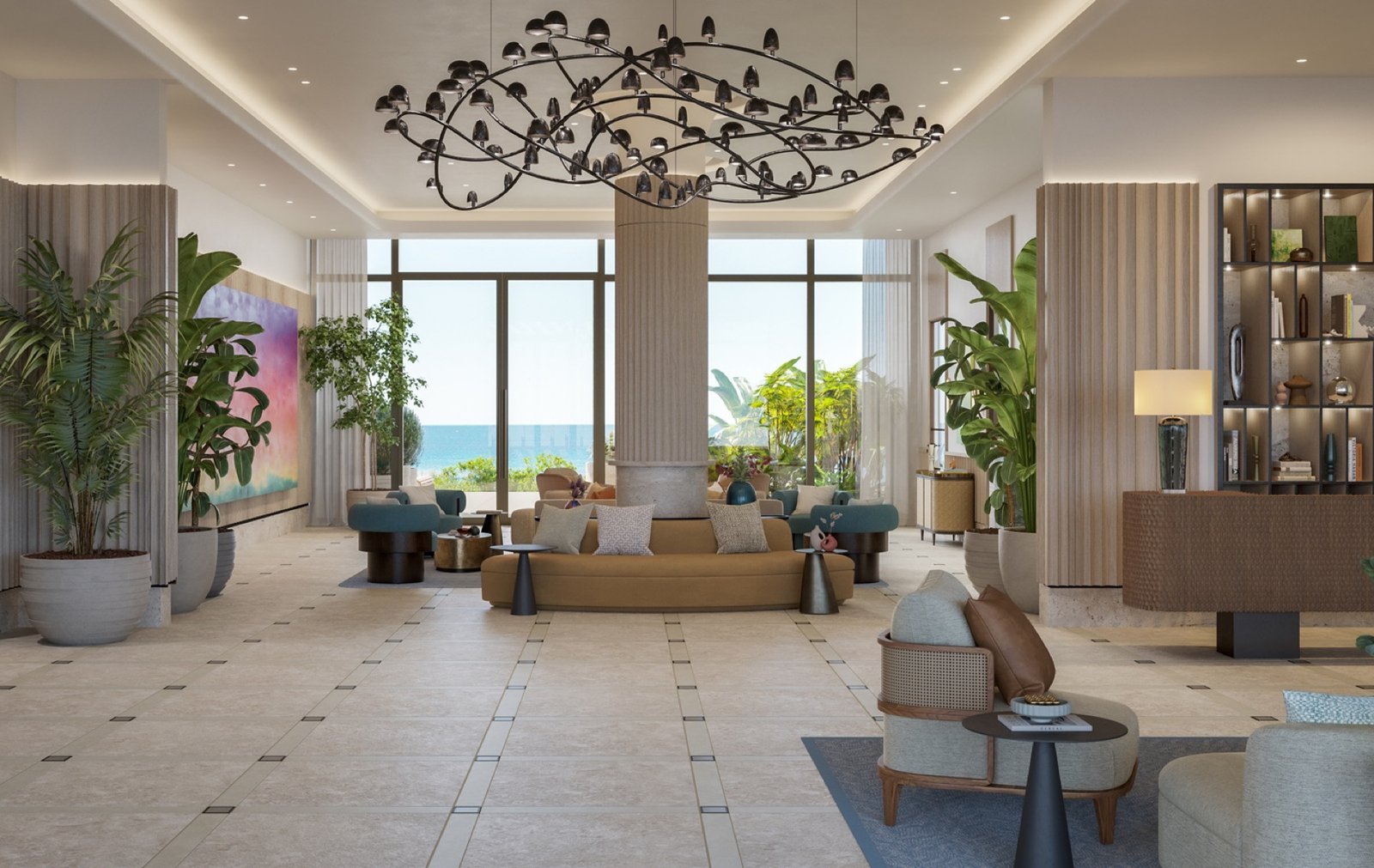 Rosewood Residences, Hillsboro Beach — interior del lounge del lobby frente al mar, render del desarrollador