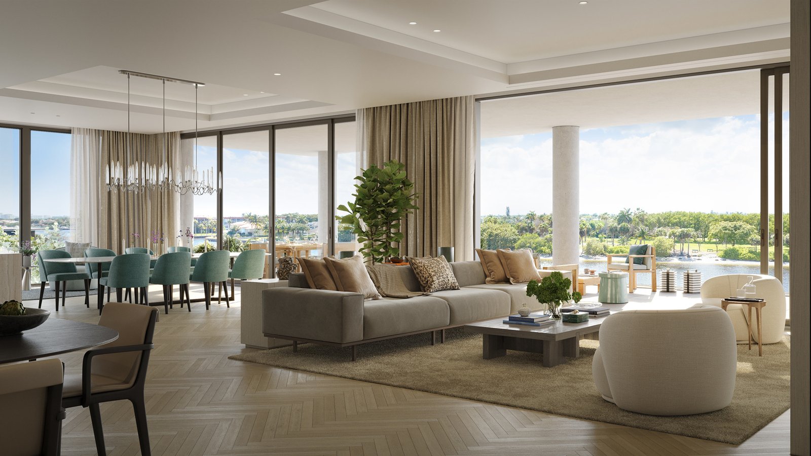 Rosewood Residences, Hillsboro Beach — sala principal de una residencia con vista al Intracoastal, render del desarrollador