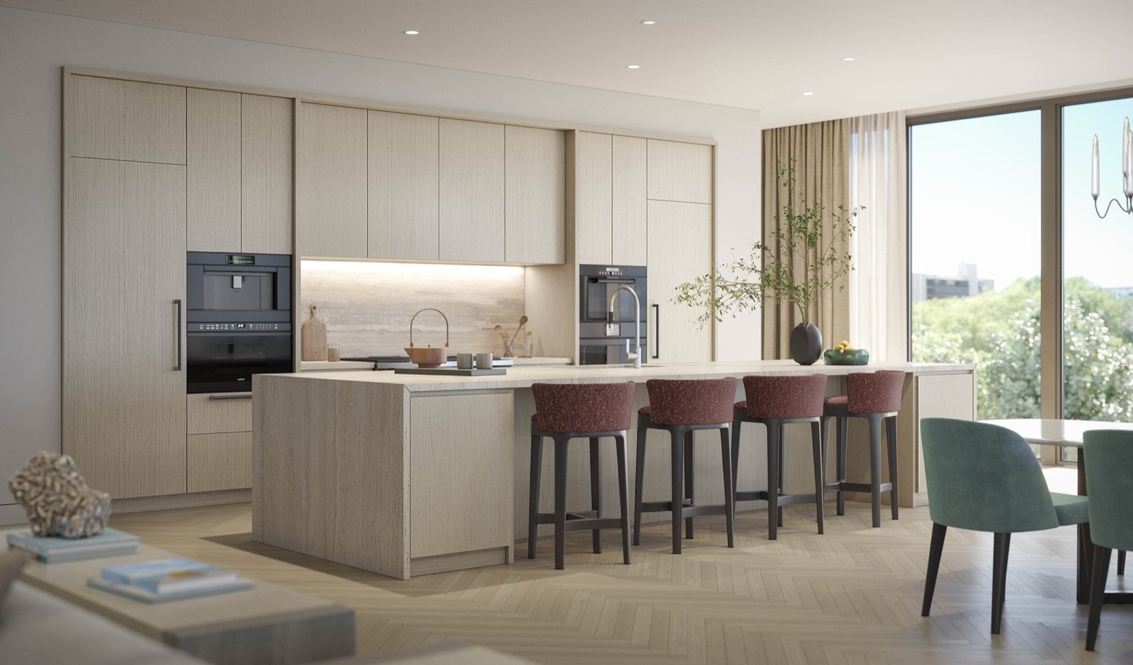 Rosewood Residences, Hillsboro Beach — interior de cocina y comedor de una residencia, render del desarrollador