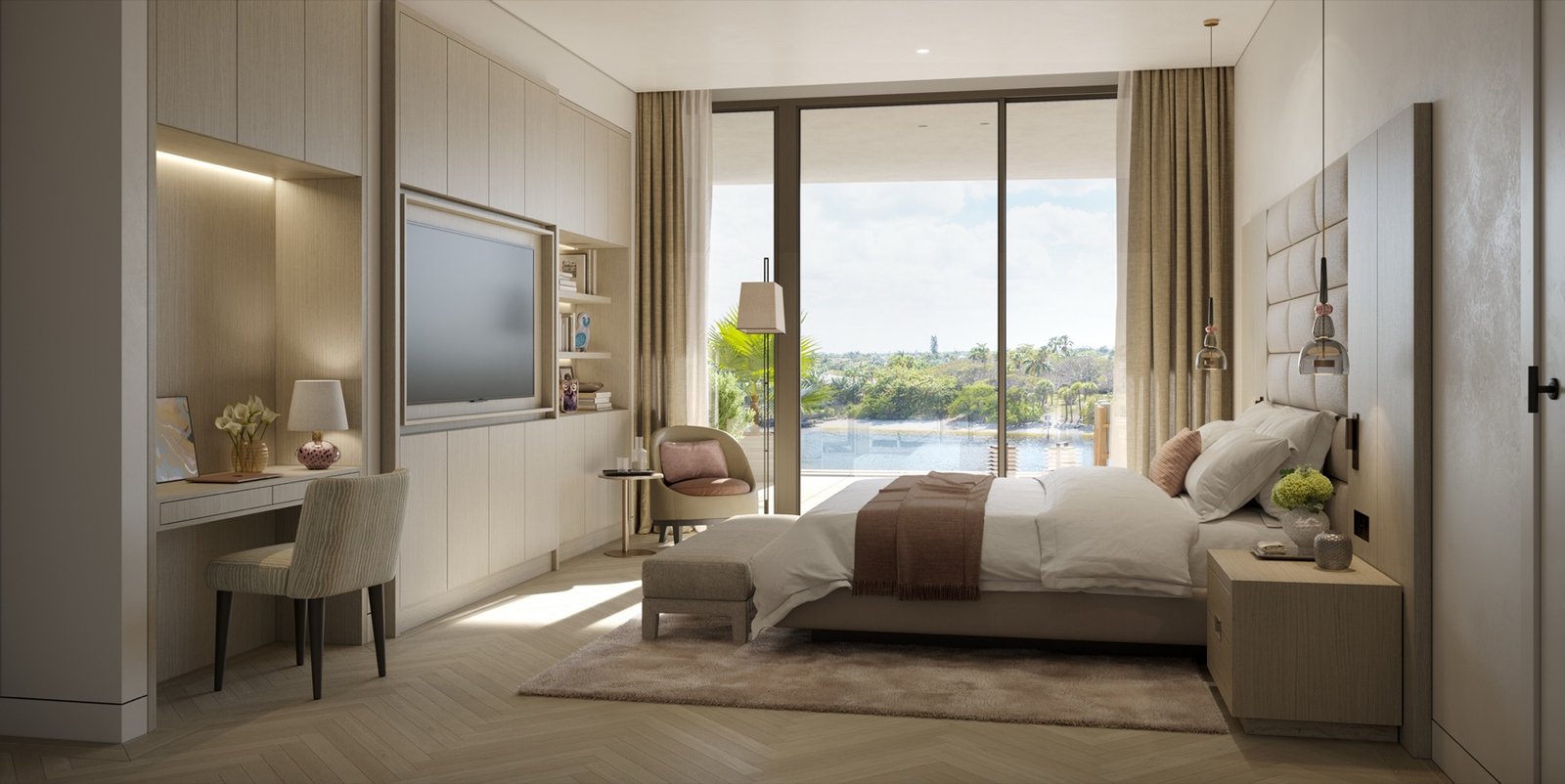 Rosewood Residences, Hillsboro Beach — recámara principal con vista a la vía navegable, render del desarrollador