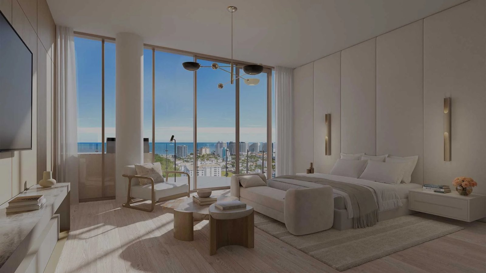 - Sage Intracoastal Residences Sage Intracoastal Residences, Fort Lauderdale — recámara principal de una residencia con vidrio de piso a techo, render del desarrollador