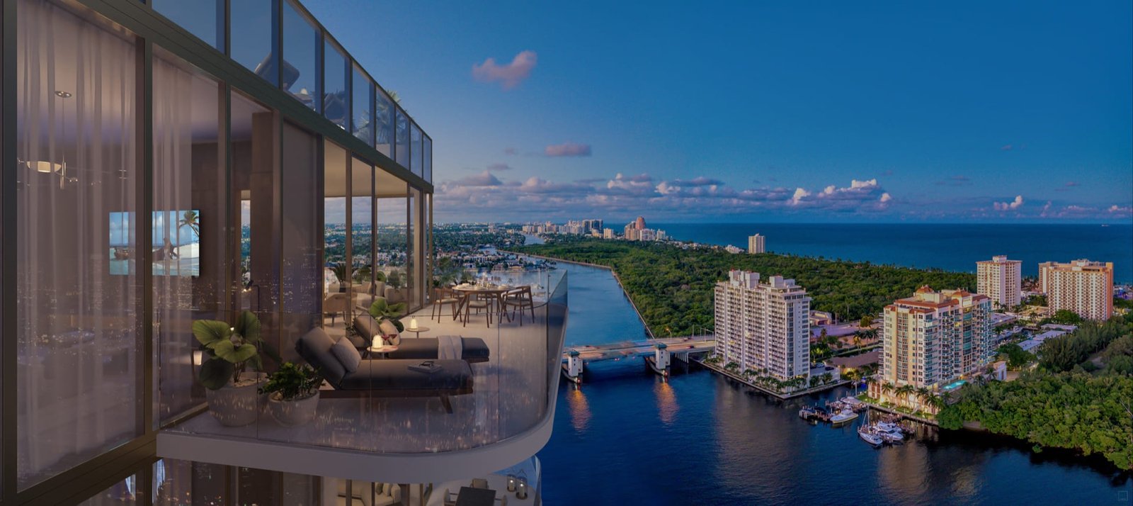 - Sage Intracoastal Residences Sage Intracoastal Residences, Fort Lauderdale — balcón privado con vista a la vía navegable Intracoastal, render del desarrollador
