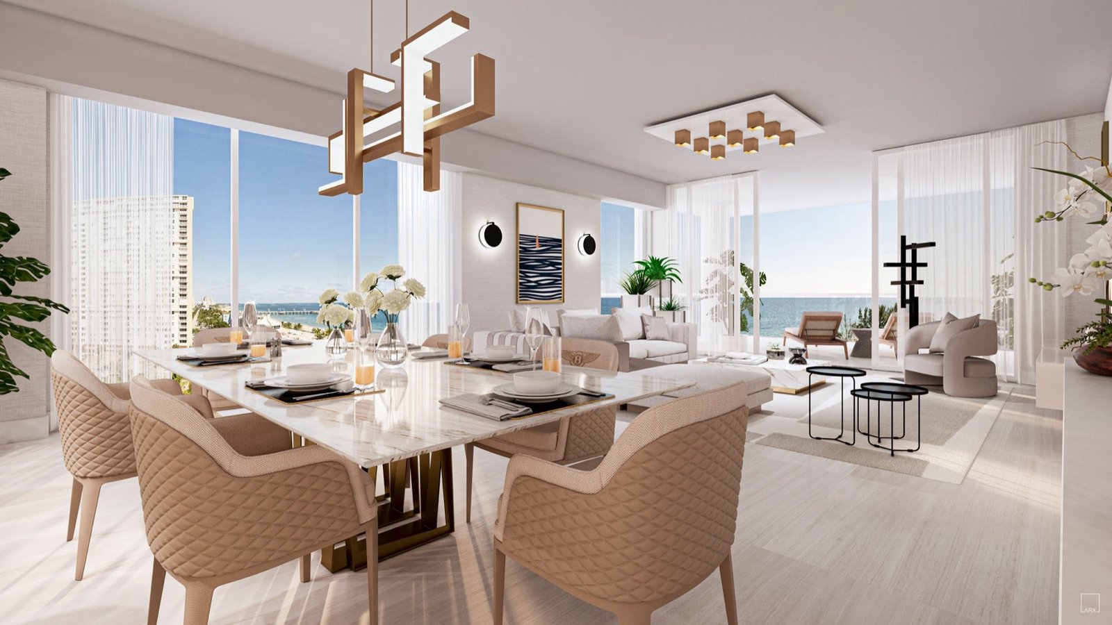 Salato Pompano Beach, comedor y sala de una residencia con vista al mar, render del desarrollador