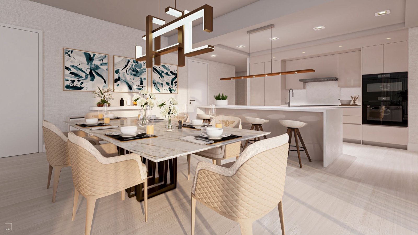 Salato Pompano Beach, cocina de una residencia con isla y asientos, render del desarrollador