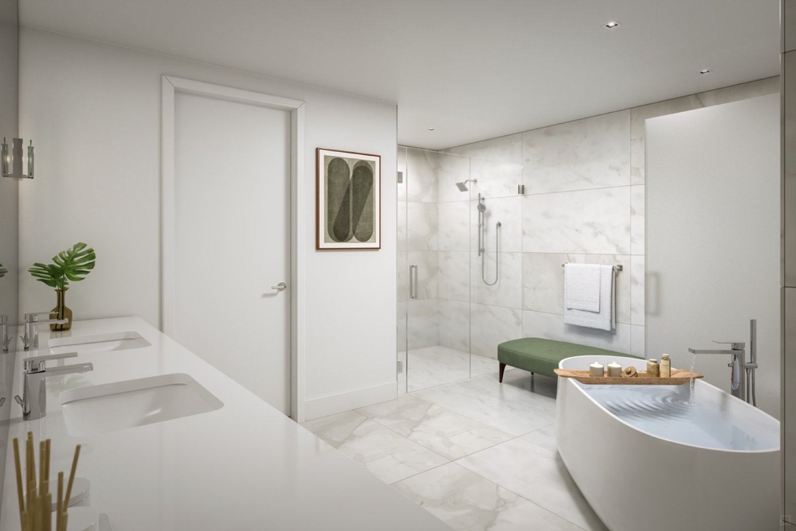 Salato Pompano Beach, baño principal con tina de inmersión y regadera walk-in, render del desarrollador