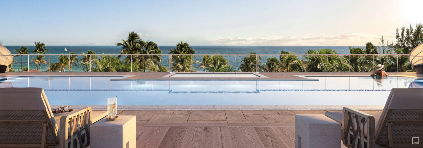 Salato Pompano Beach, terraza de la alberca con vista al mar, render del desarrollador