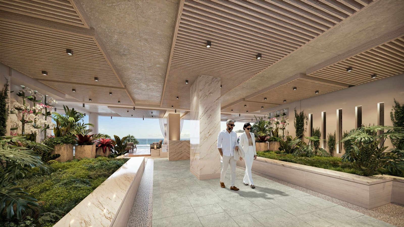 Salato Pompano Beach, andador ajardinado del lobby hacia el mar, render del desarrollador