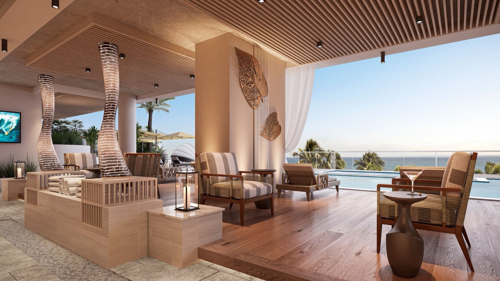 Salato Pompano Beach, asientos de lounge techados junto a la alberca, render del desarrollador