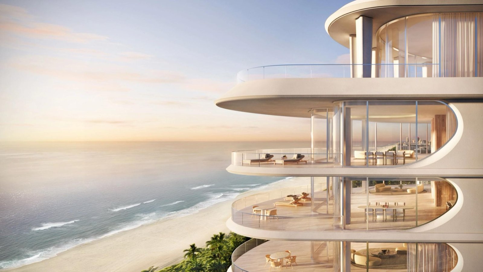 Shore Club Private Collection, Miami Beach — curved oceanfront balconies stepping toward the beach, developer rendering