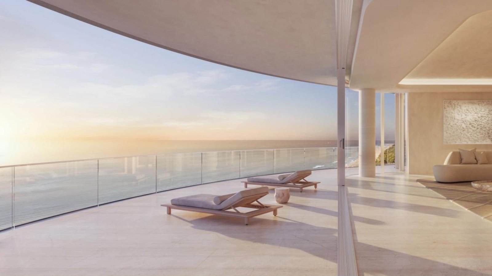 Shore Club Private Collection, Miami Beach — private terrace with loungers overlooking the Atlantic, developer rendering
