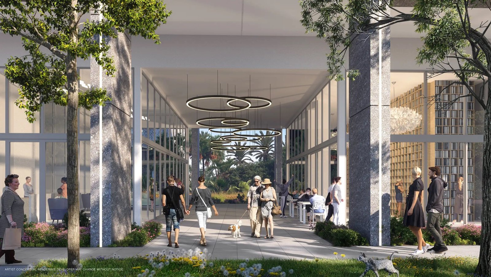 Sixth and Rio, Fort Lauderdale — pasillo abierto a nivel de calle que conecta el edificio con el Riverwalk, render del desarrollador