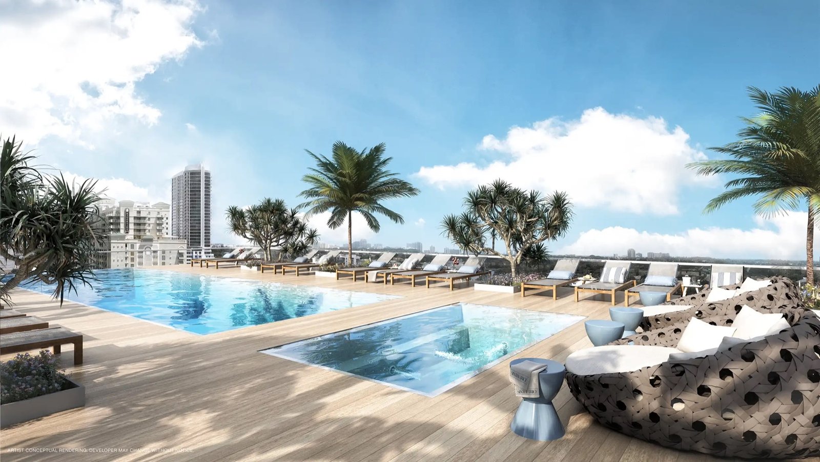 Sixth and Rio, Fort Lauderdale — rooftop pool deck and spa facing the city skyline, developer rendering