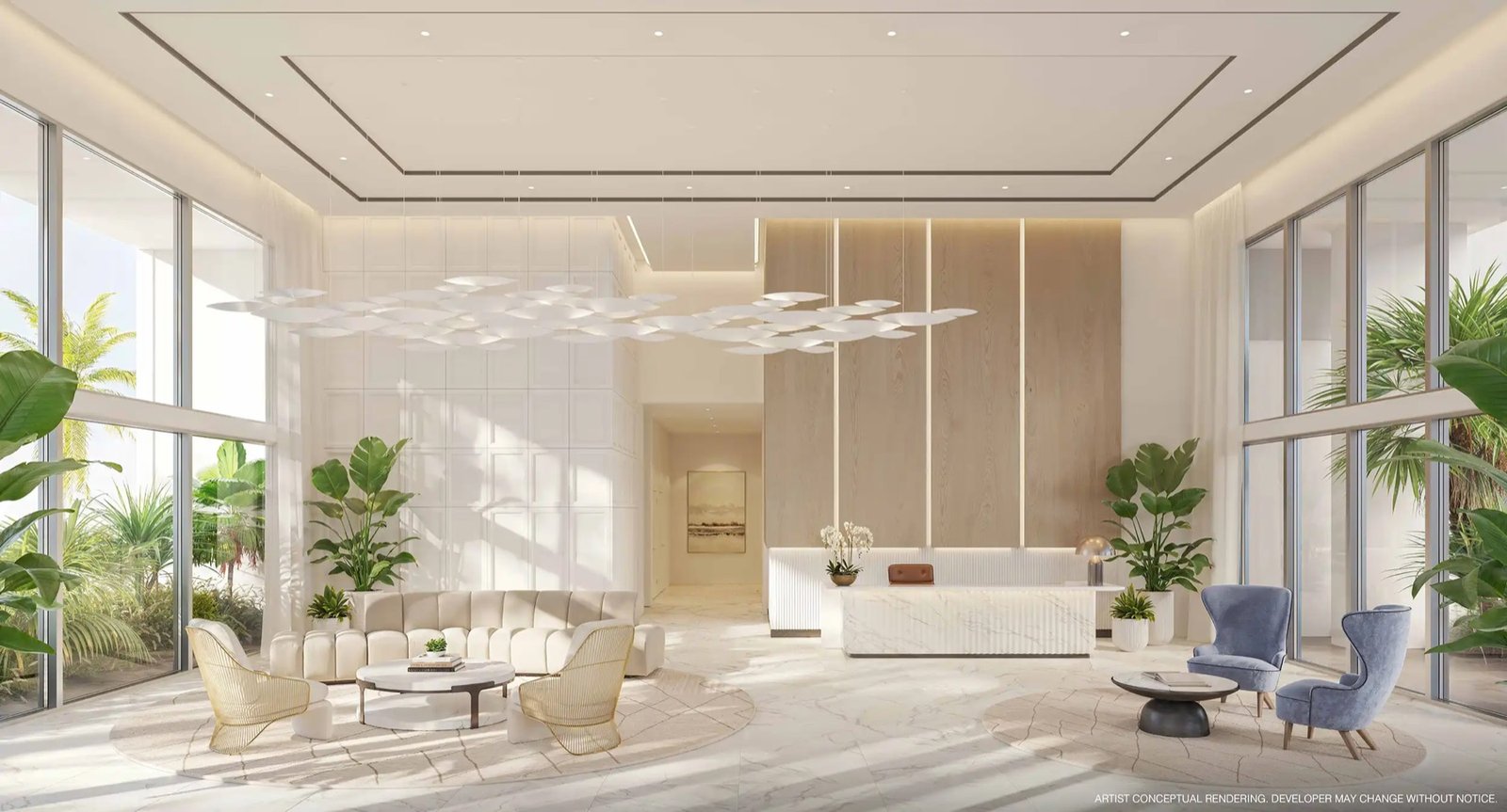 Sixth and Rio, Fort Lauderdale — lounge del lobby en planta baja y mostrador de recepción, render del desarrollador