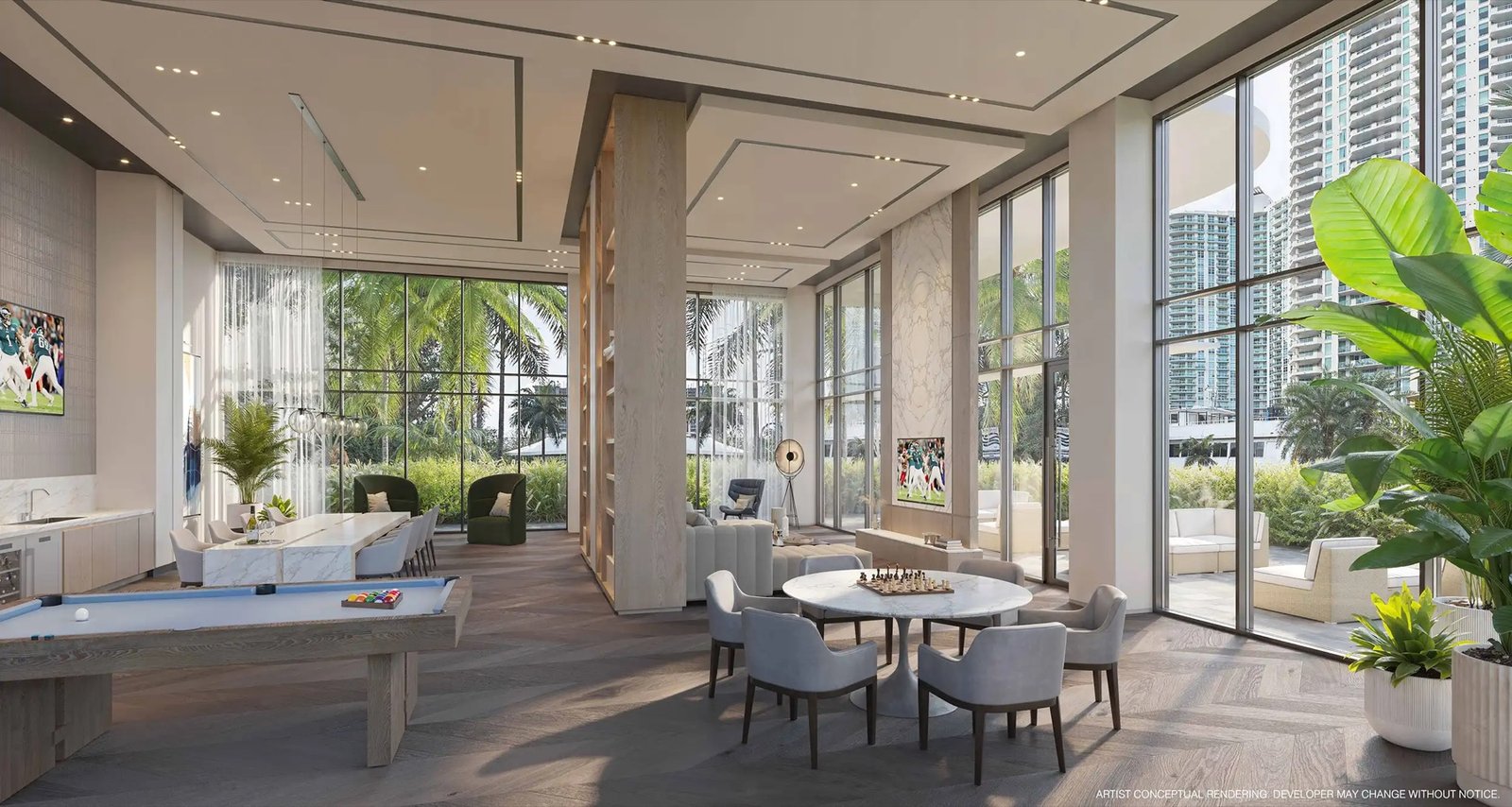 Sixth and Rio, Fort Lauderdale — club de residentes con mesa de billar y mesa de comedor, render del desarrollador