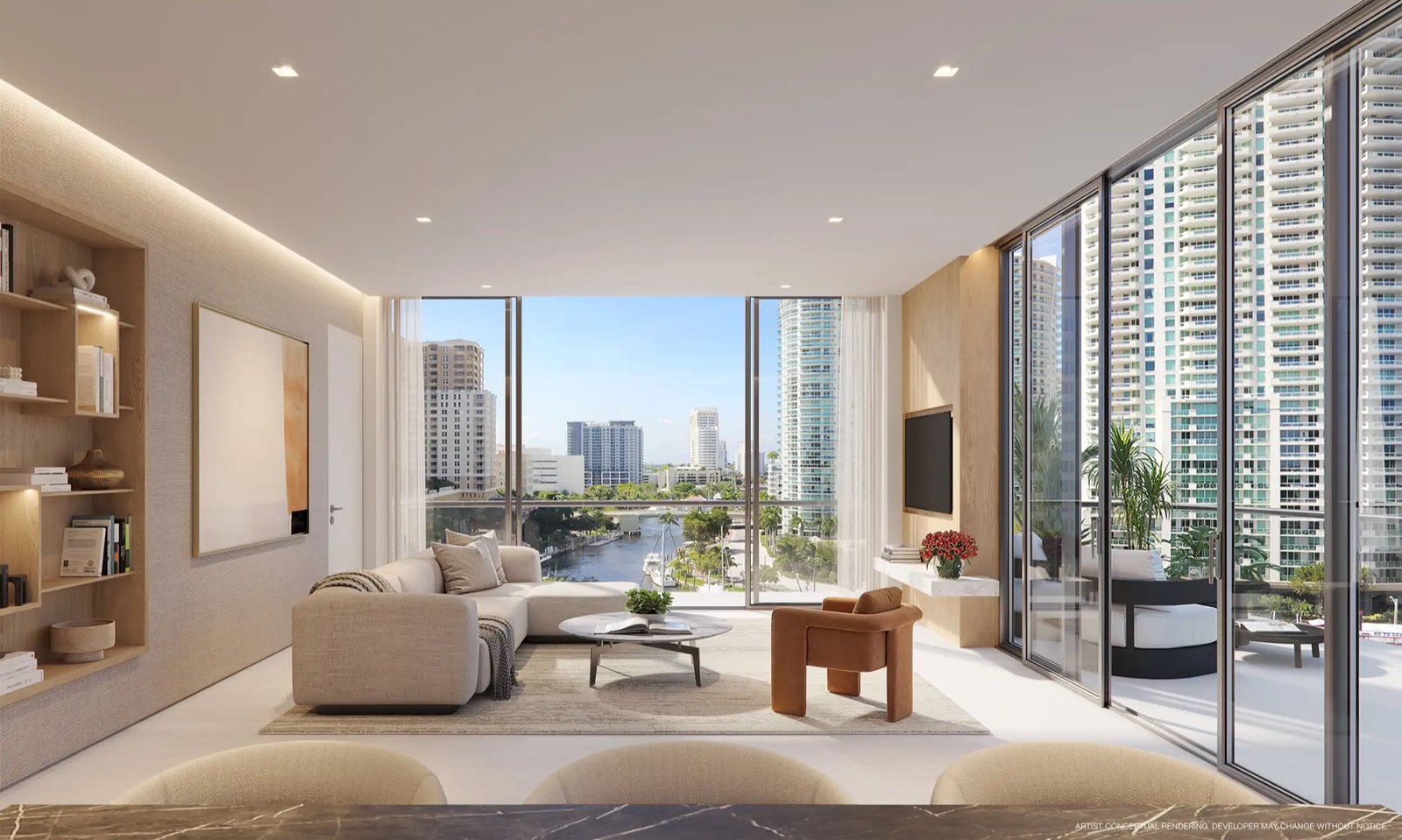 Sixth and Rio, Fort Lauderdale — sala de una residencia con vista a la marina del New River, render del desarrollador