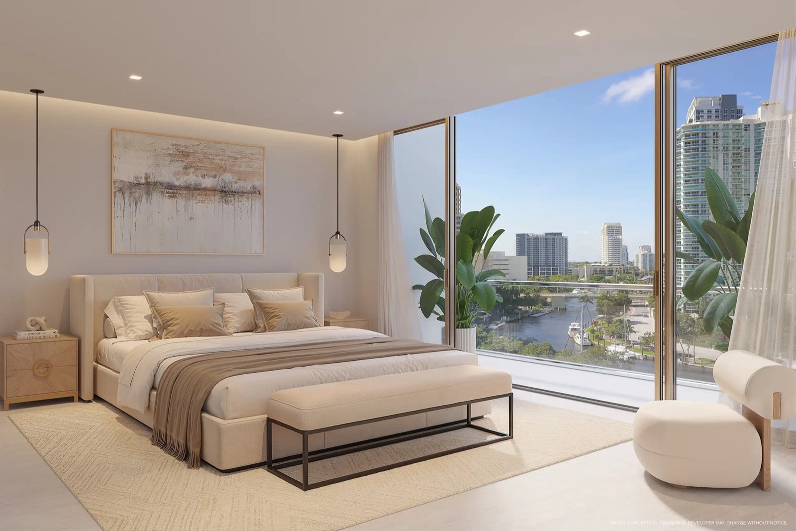 Sixth and Rio, Fort Lauderdale — primary bedroom with river and skyline view, developer rendering