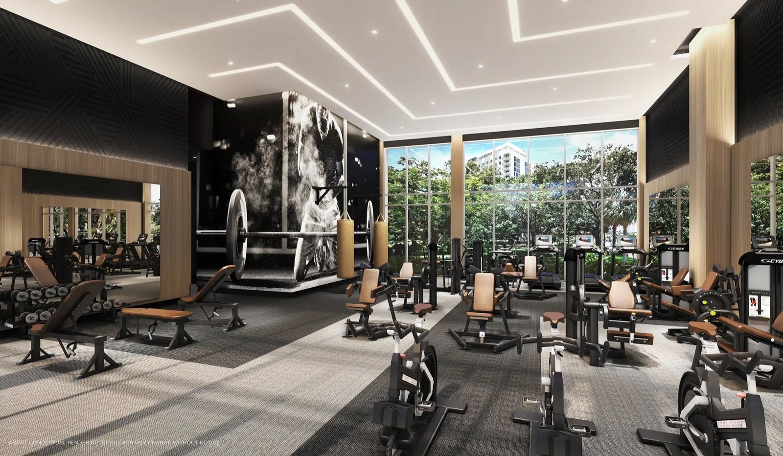 Sixth and Rio, Fort Lauderdale — centro de acondicionamiento físico con equipo de fuerza y cardio, render del desarrollador