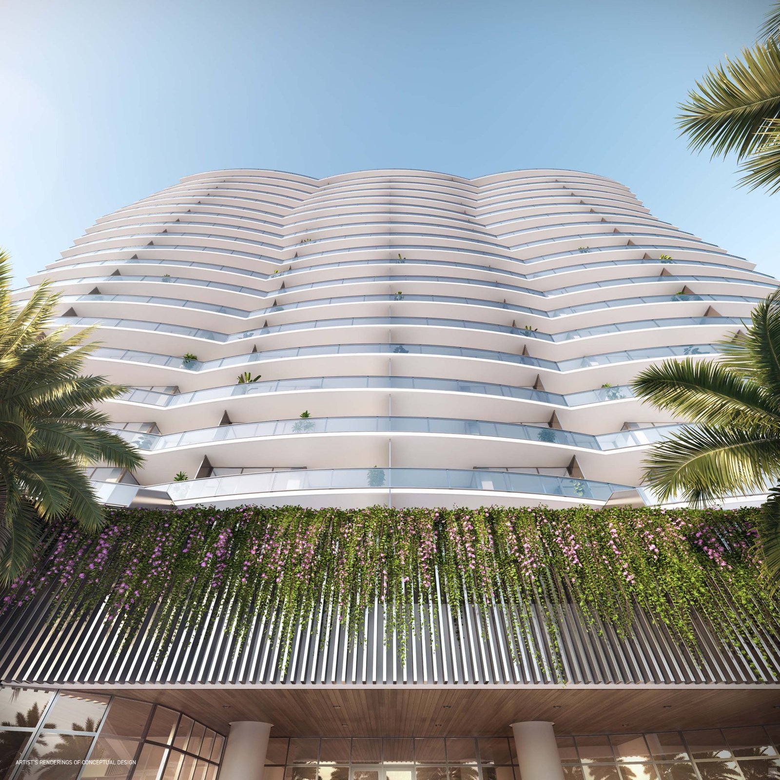 - Pompano Beach's Branded Oceanfront Towers: What Buyers Are Paying Per Foot Solemar Pompano Beach — tower facade with curved balconies seen from below, developer rendering