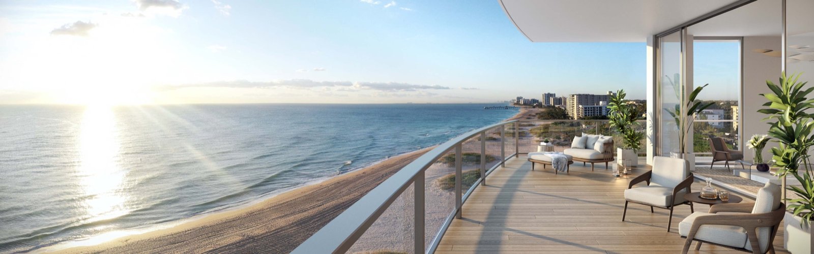 Solemar Pompano Beach, Pompano Beach FL — vista desde un balcón frente al mar hacia la playa y el litoral, render del desarrollador