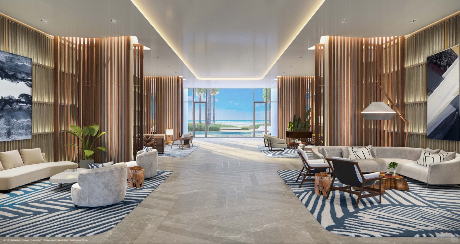 Solemar Pompano Beach, Pompano Beach FL — sala lounge del lobby con vista al mar a través de puertas de vidrio, render del desarrollador