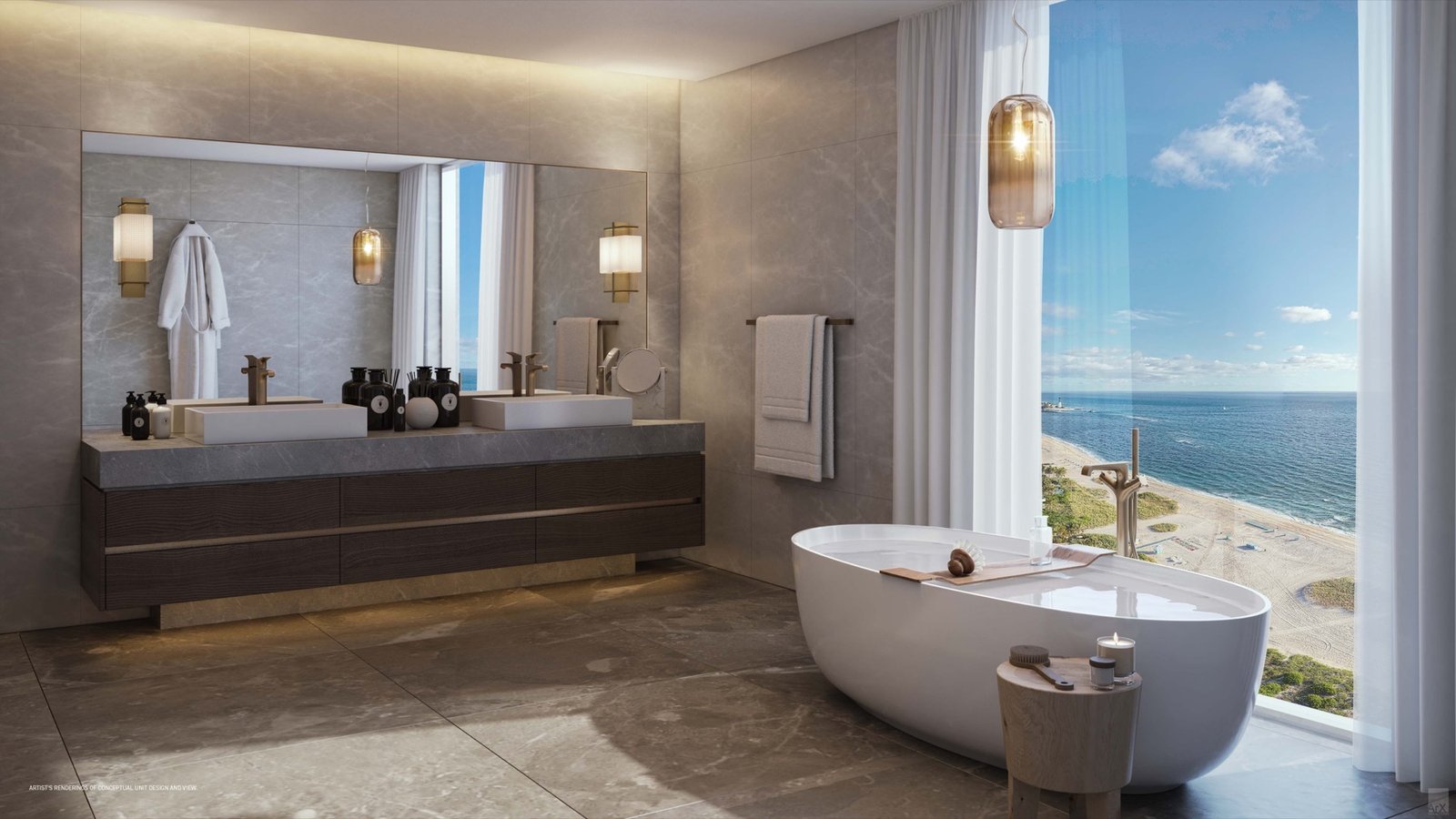 Solemar Pompano Beach, Pompano Beach FL — baño principal con tina de inmersión y vista al mar, render del desarrollador