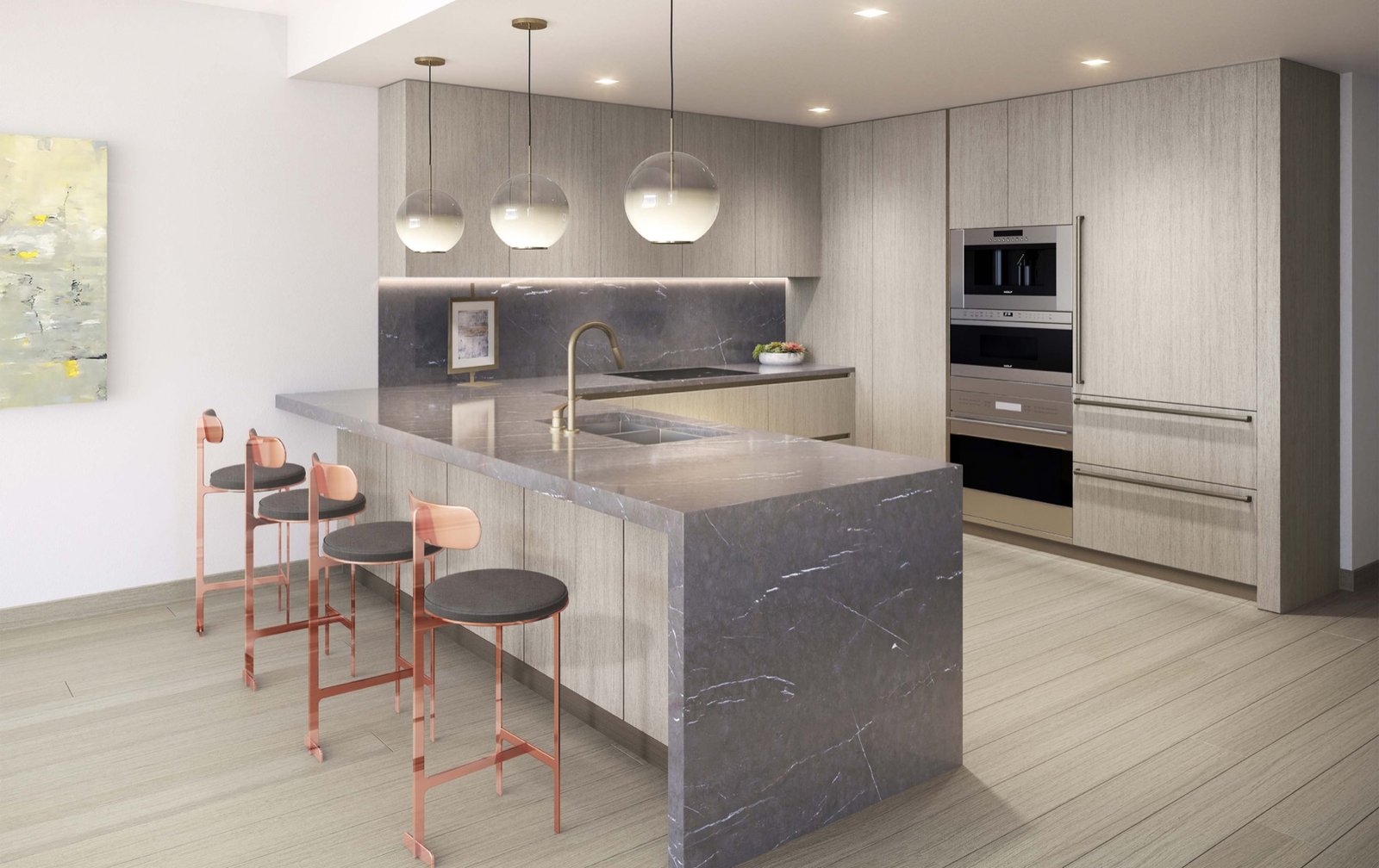 Solemar Pompano Beach, Pompano Beach FL — cocina de la residencia con isla con asientos y cubierta de piedra en cascada, render del desarrollador