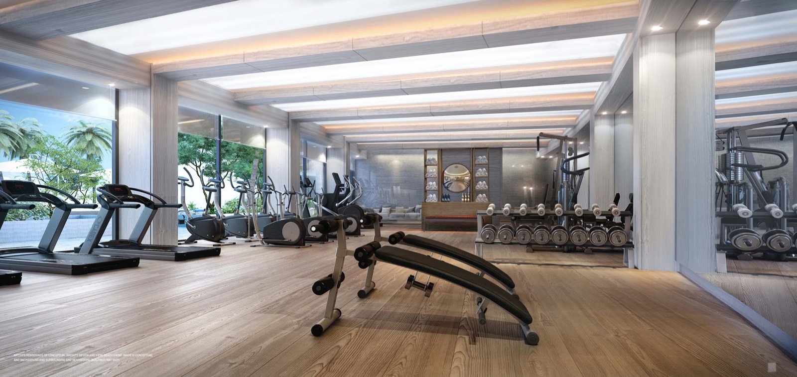 Solemar Pompano Beach, Pompano Beach FL — gimnasio con equipo de cardio y vista a la alberca, render del desarrollador