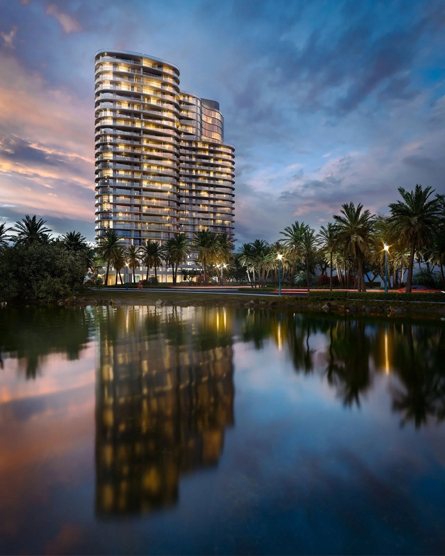 - Tal Aventura Tal Aventura, Aventura - twilight exterior rendering of the tower beside the lake, developer rendering