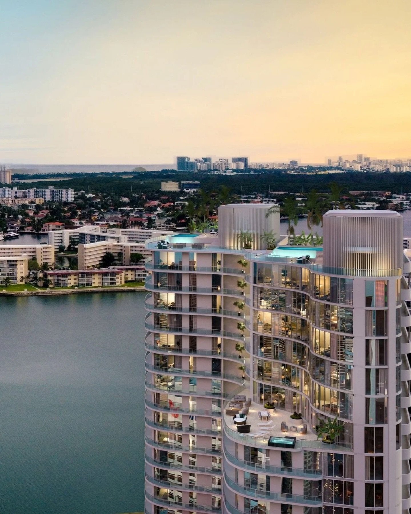 - Tal Aventura Tal Aventura, Aventura - aerial close-up rendering of the curved tower facade and rooftop pools, developer rendering