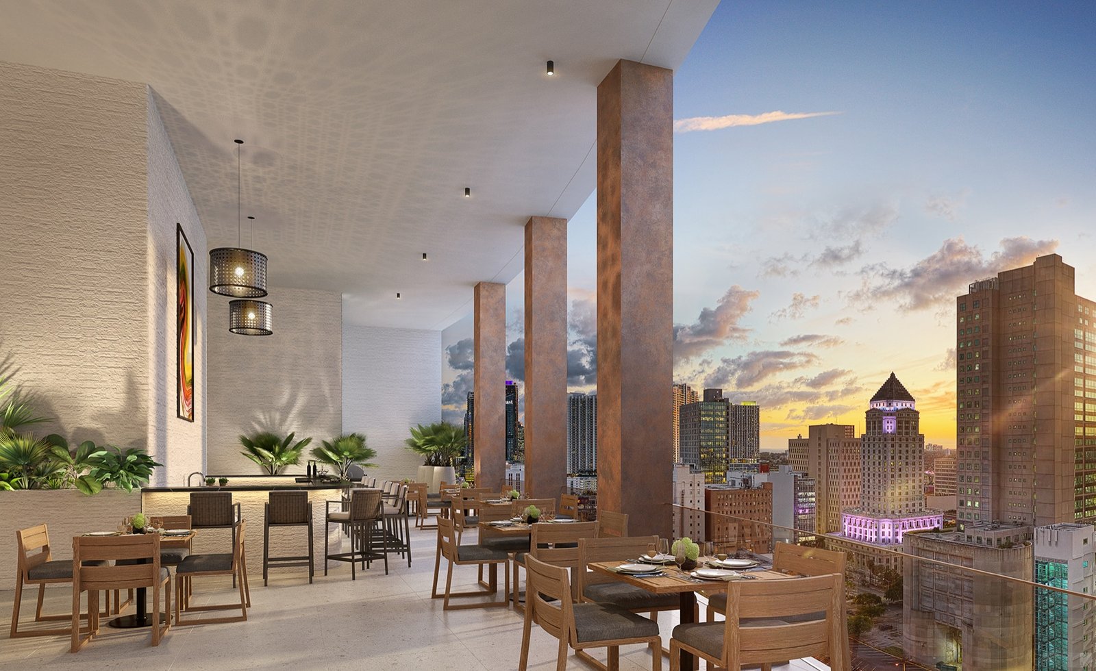 The District, Downtown Miami — indoor/outdoor bar and lounge amenity rendering, developer rendering
