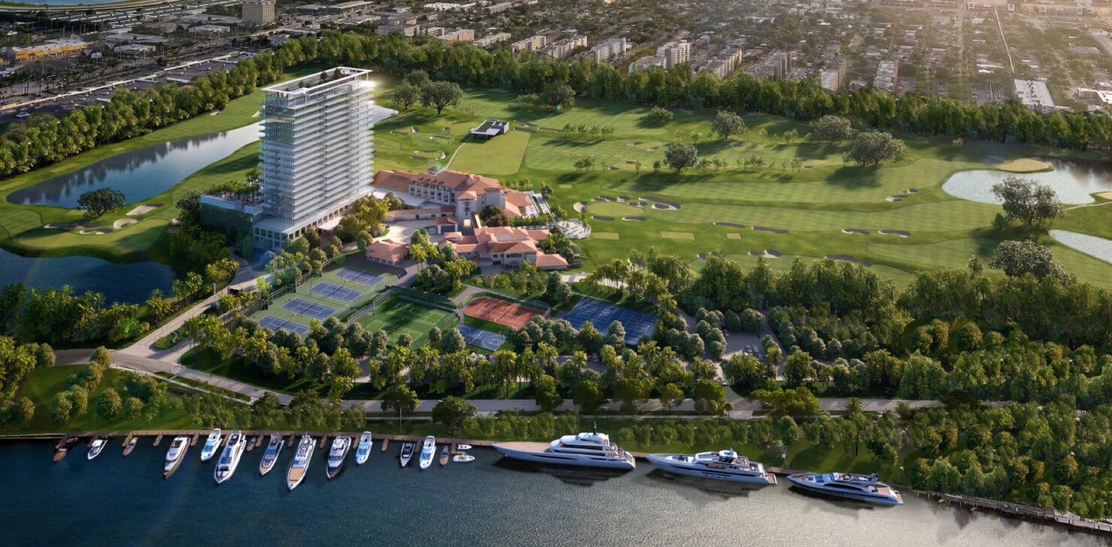 - The Holistic Approach of Residences at Shell Bay to Resident Well-being The Residences at Shell Bay, Hallandale Beach — tower aerial over the golf course, tennis courts and private marina, developer rendering