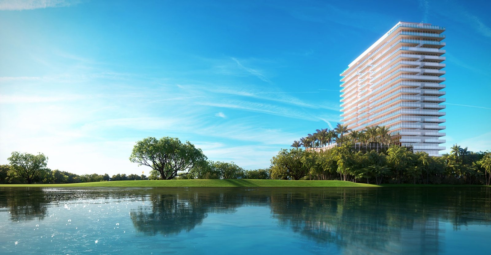 - The Holistic Approach of Residences at Shell Bay to Resident Well-being The Residences at Shell Bay, Hallandale Beach — tower exterior seen across the lake and fairway, developer rendering