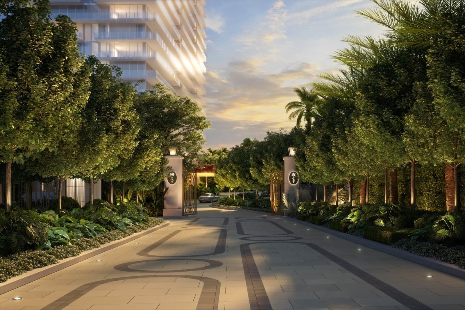 The Residences at Shell Bay, Hallandale Beach — camino de llegada con acceso controlado, render del desarrollador