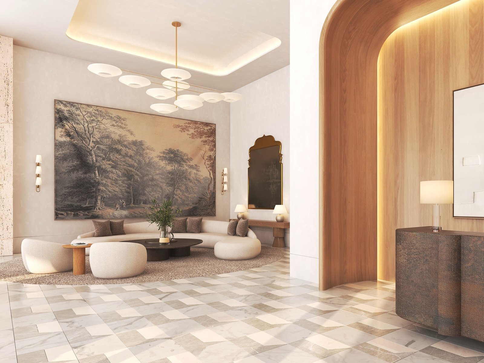 The Residences at Shell Bay, Hallandale Beach — salón del lobby residencial, render del desarrollador