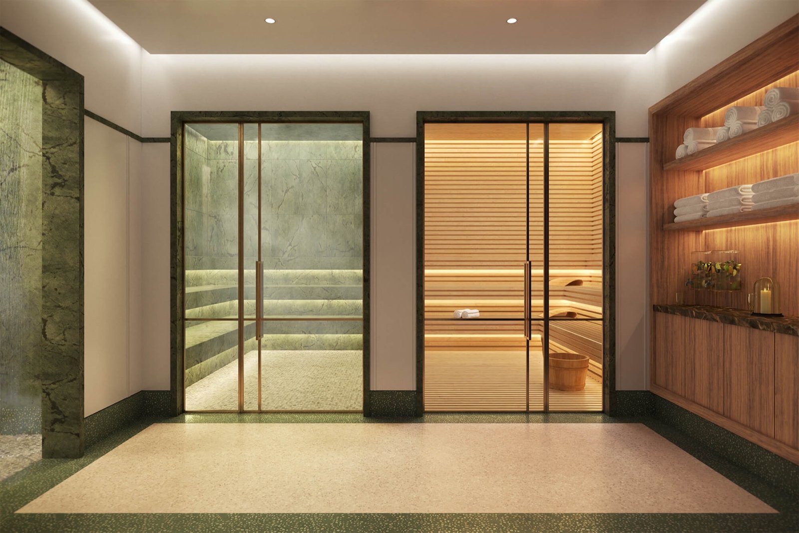 The Residences at Shell Bay, Hallandale Beach — interior de sauna del spa, render del desarrollador