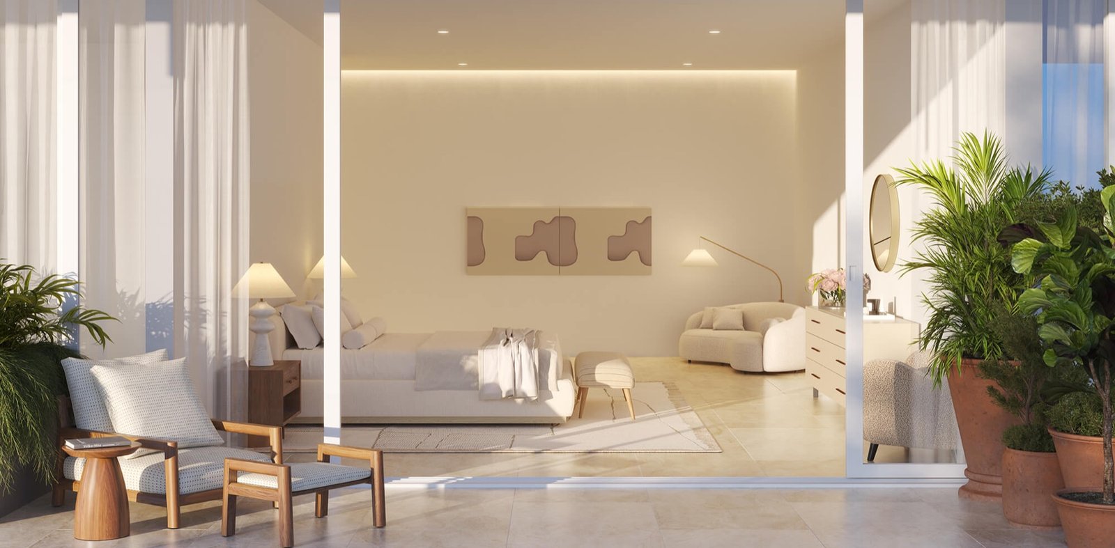 The Residences at Shell Bay, Hallandale Beach — recámara de una residencia que se abre a una terraza con plantas, render del desarrollador