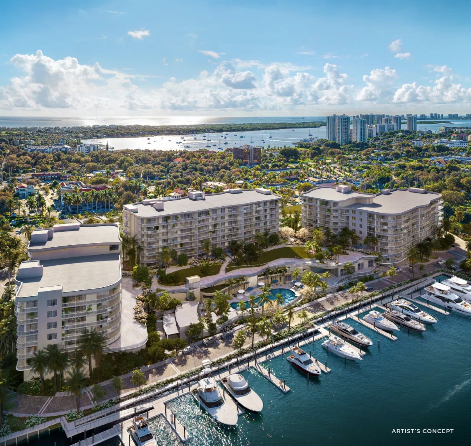 - The Ritz-Carlton Residences Palm Beach Gardens The Ritz-Carlton Residences, Palm Beach Gardens - render exterior aéreo sobre la marina, render del desarrollador