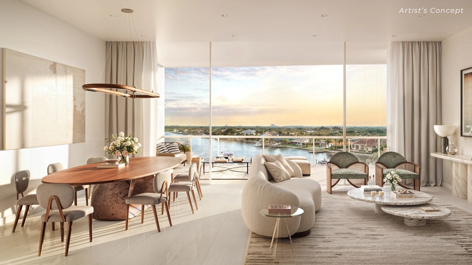 - The Ritz-Carlton Residences Palm Beach Gardens The Ritz-Carlton Residences, Palm Beach Gardens - interior del gran salón de una residencia, render del desarrollador