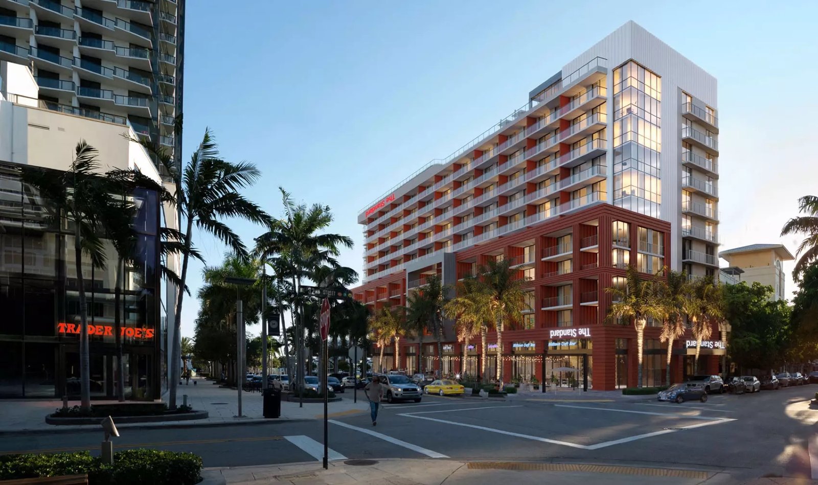 The Standard Residences, Midtown Miami — vista exterior a nivel de calle con comercio en planta baja, render del desarrollador