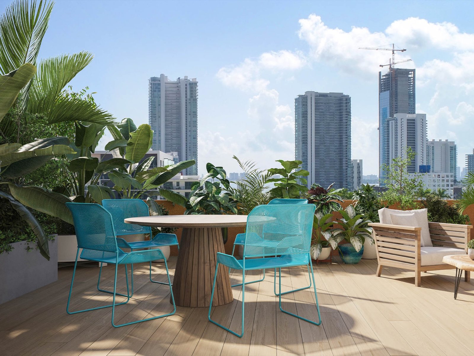 The Standard Residences, Midtown Miami — asientos lounge en la terraza de la azotea con el horizonte de Miami de fondo, render del desarrollador