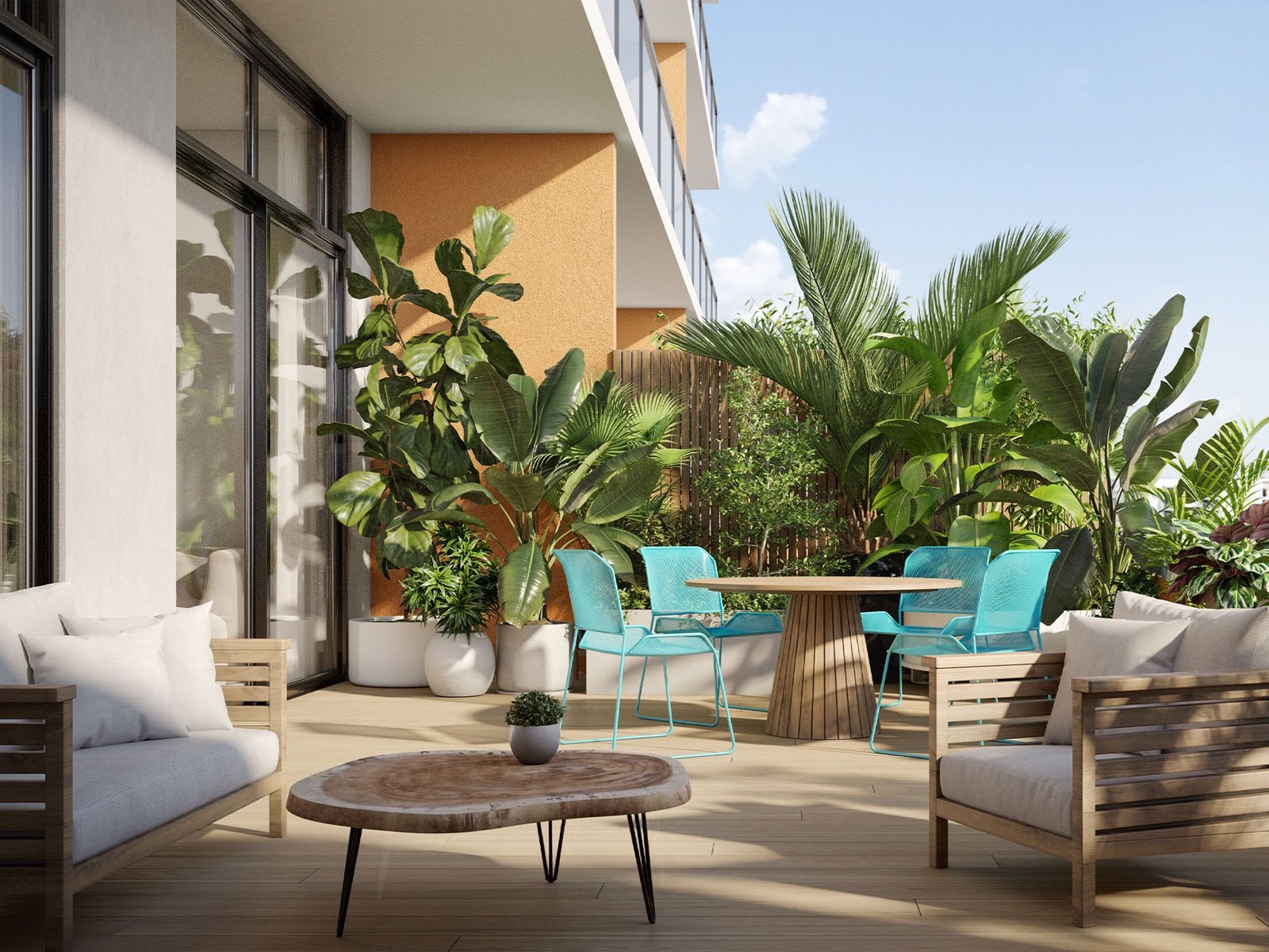 The Standard Residences, Midtown Miami — lounge en terraza privada con paisajismo tropical, render del desarrollador