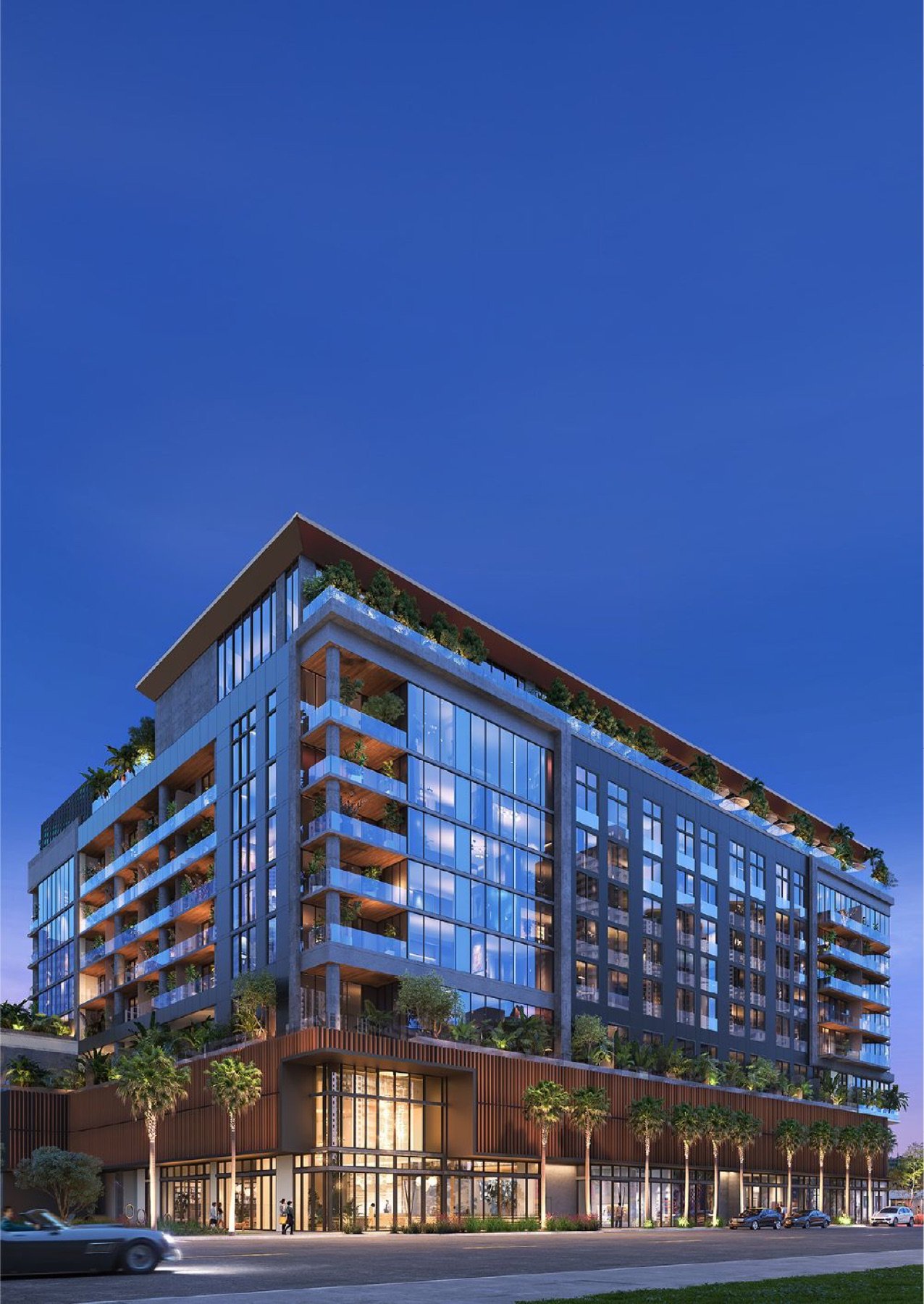 Twenty Sixth & 2nd Wynwood Residences, Wynwood Miami — vista exterior nocturna de esquina con comercio en planta baja, render del desarrollador