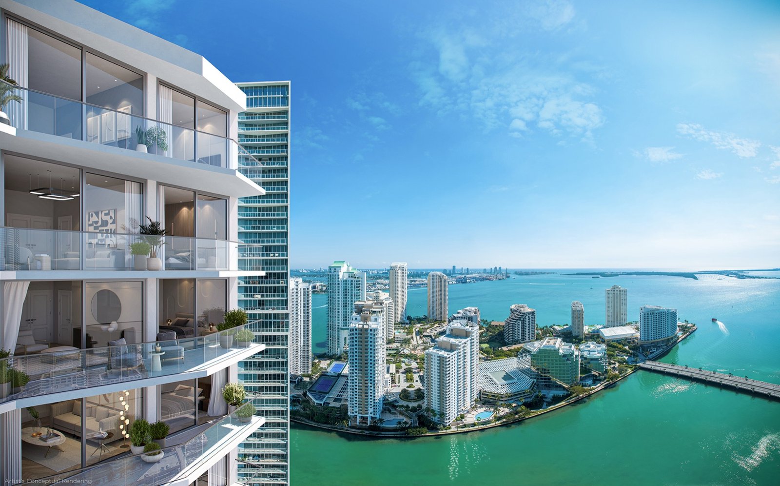 - Viceroy Brickell — The Residences Viceroy Brickell Residences, Brickell Miami — balcones de la torre con vista diurna sobre Biscayne Bay, render del desarrollador