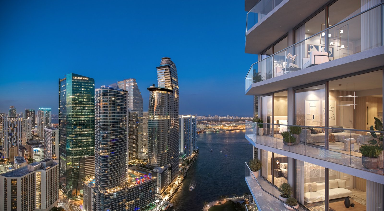 - Viceroy Brickell — The Residences Viceroy Brickell Residences, Brickell Miami — vista al atardecer desde los balcones hacia el skyline de Brickell y el agua, render del desarrollador