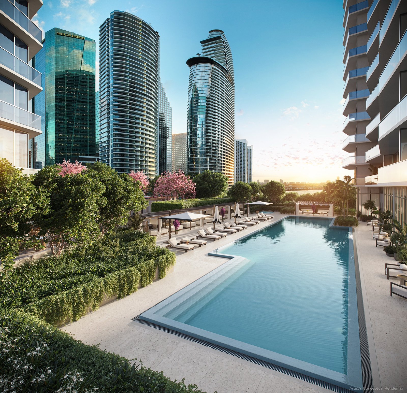 - Viceroy Brickell — The Residences Viceroy Brickell Residences, Brickell Miami — terraza de la alberca estilo resort con cabañas y torres de Brickell al fondo, render del desarrollador