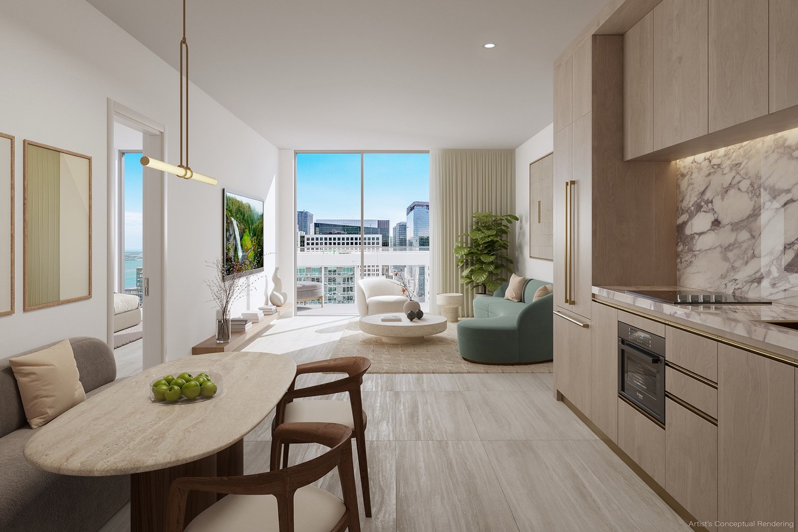 - Viceroy Brickell — The Residences Viceroy Brickell Residences, Brickell Miami — área de sala y cocina de una residencia de una recámara con vista a la ciudad, render del desarrollador