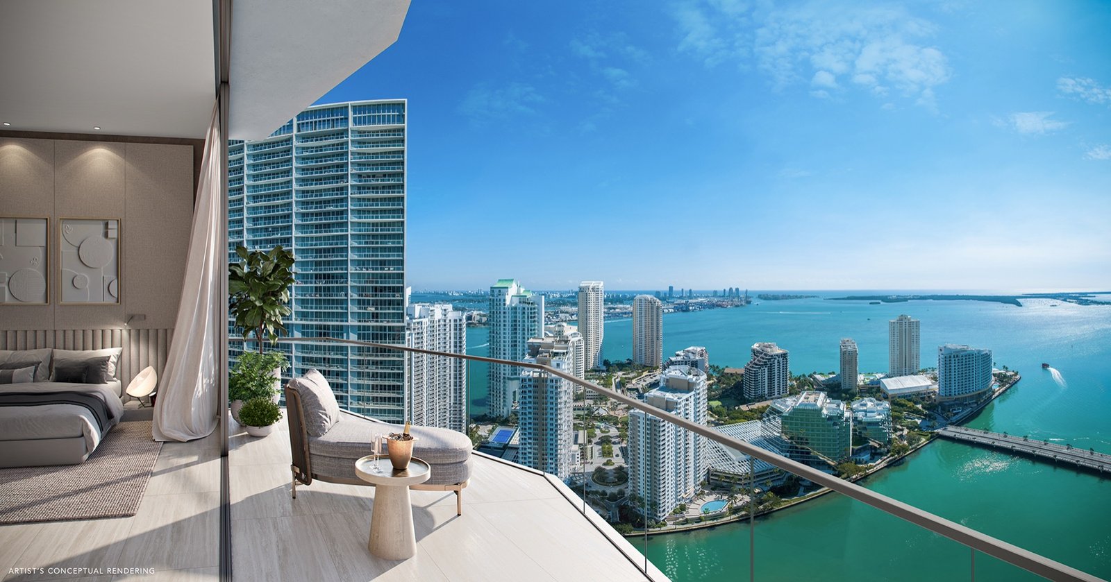 - Viceroy Brickell — The Residences Viceroy Brickell Residences, Brickell Miami — vista diurna de Biscayne Bay desde el balcón de una recámara, render del desarrollador