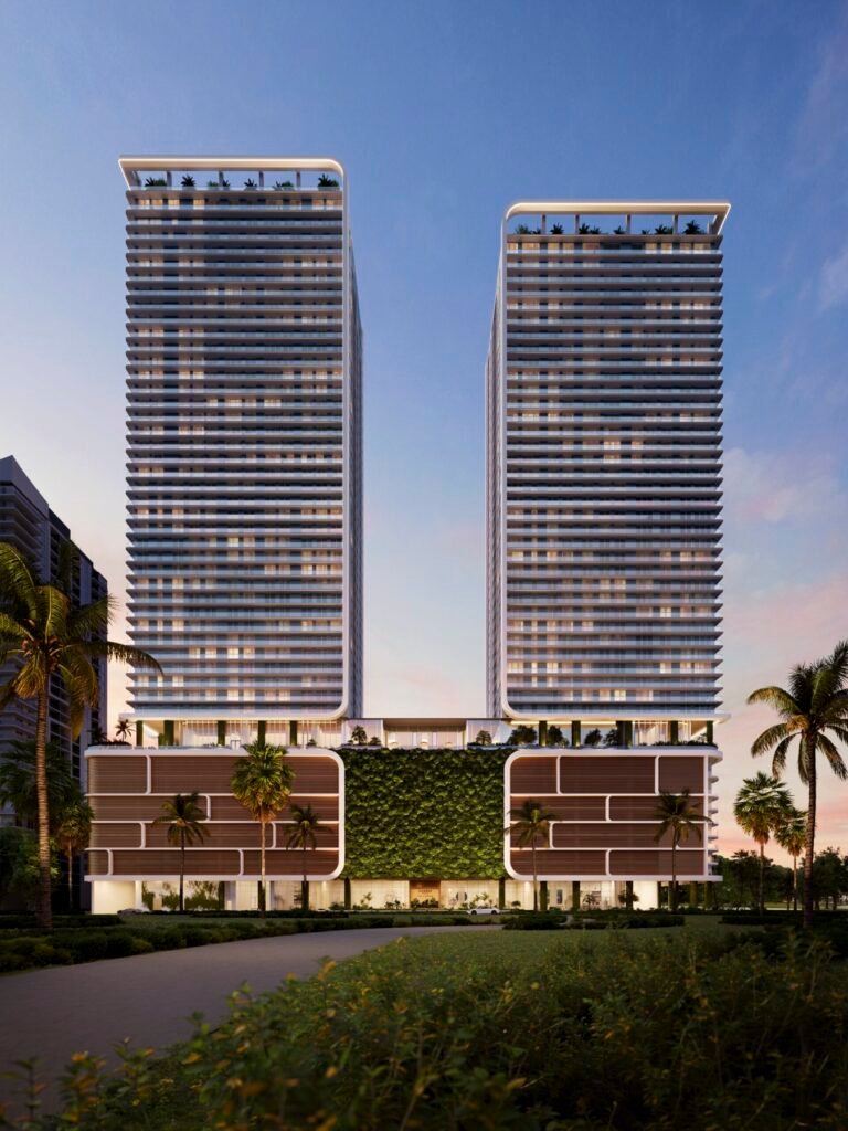 Viceroy Residences Fort Lauderdale, Flagler Village — exterior twin-tower hero rendering at dusk with Viceroy signage, developer rendering