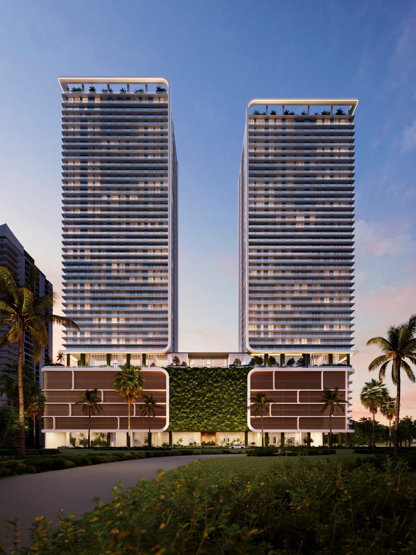 Viceroy Residences Fort Lauderdale, Flagler Village — render exterior principal de las torres gemelas al atardecer con el letrero de Viceroy, render del desarrollador